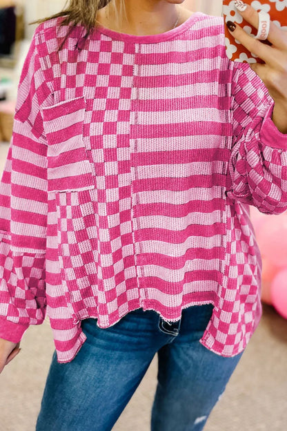 Checker & Stripes Round Neck Long Sleeve Blouse